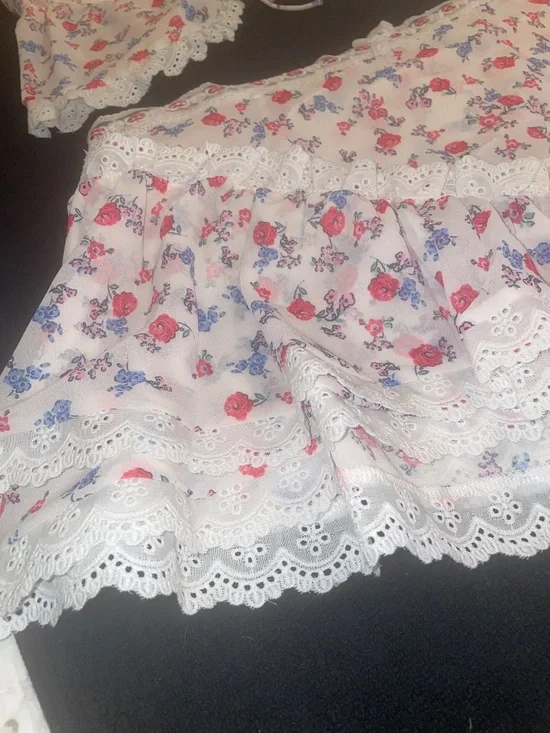 For Love & Lemons Ditsy Day Ruffled Bra Top/Mini Skirt NWT- XL-Red/White/Blue - Picture 10 of 15